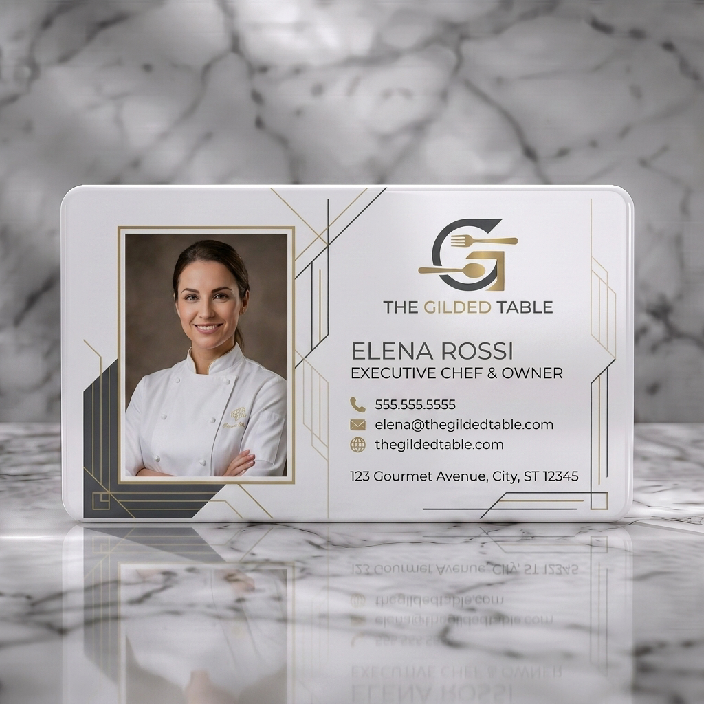 Solid white PVC business card featuring art Deco geometric design, professional chef photo, gold & charcoal branding, and elegant typography
