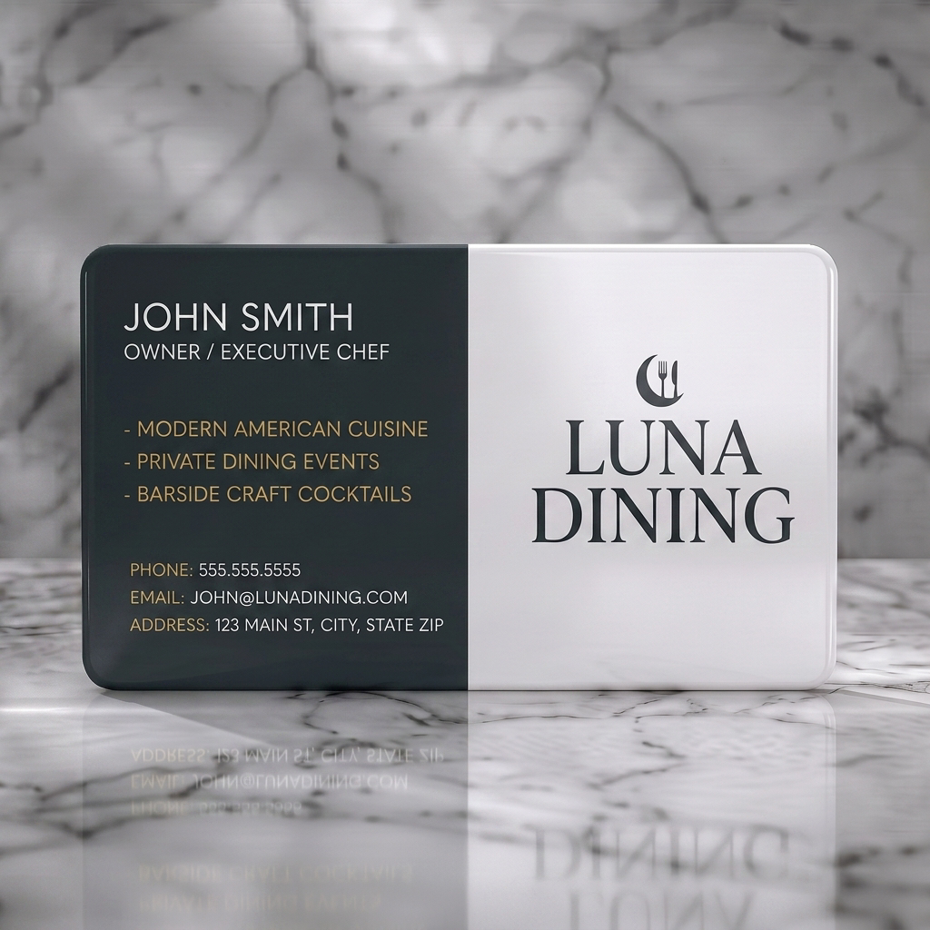 Solid white PVC business card featuring elegant split-layout, moon-cutlery icon, crisp serif and sans-serif fonts, dark grey, white, gold accents