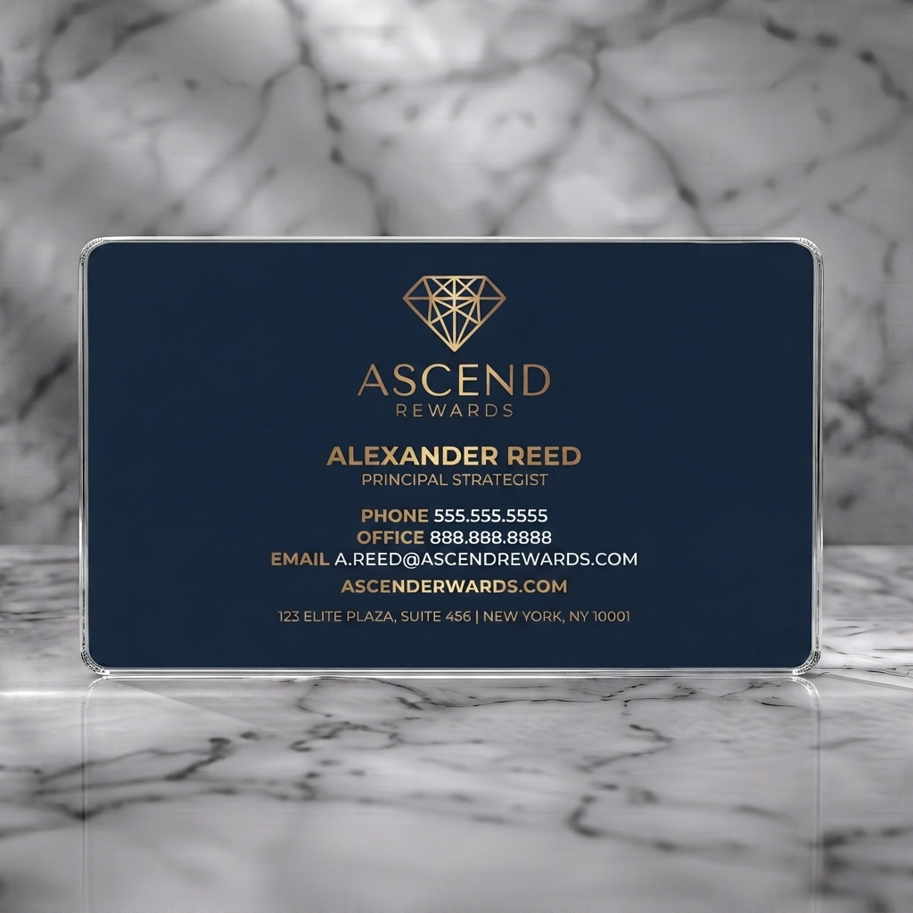 Clear plastic business card featuring an elegant navy and gold design with a diamond logo and clean sans-serif typography