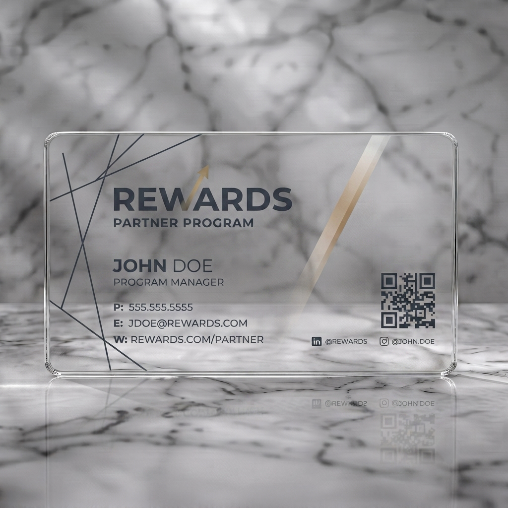 Clear plastic business card featuring modern, minimalist design with dark gray and gold accents, geometric lines, sans-serif typography, QR code, social icons