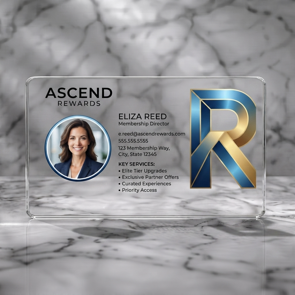 Clear plastic business card featuring elegant blue and gold 'R' logo, crisp sans-serif text, and a professional headshot