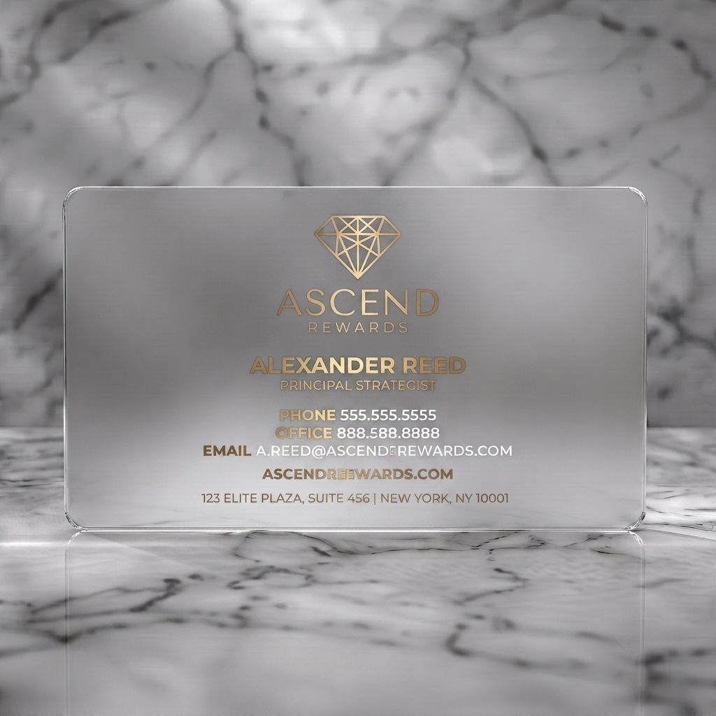 Frosted translucent plastic business card featuring an elegant navy and gold design with a diamond logo and clean sans-serif typography
