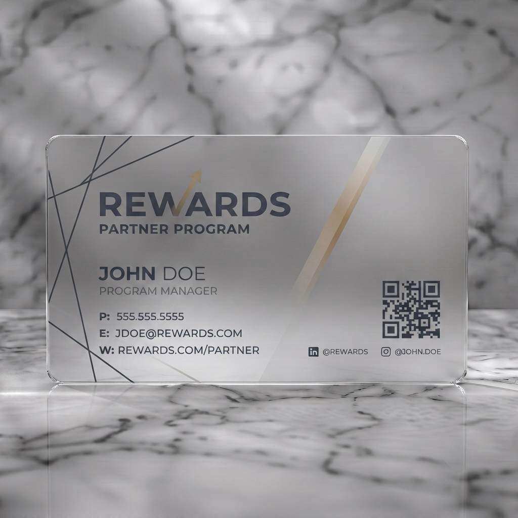 Frosted translucent plastic business card featuring modern, minimalist design with dark gray and gold accents, geometric lines, sans-serif typography, QR code, social icons