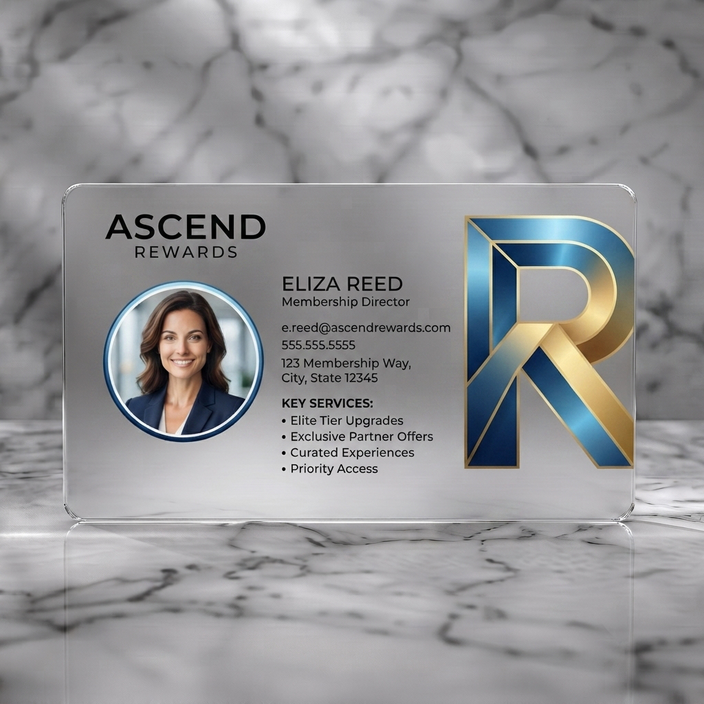 Frosted translucent plastic business card featuring elegant blue and gold 'R' logo, crisp sans-serif text, and a professional headshot