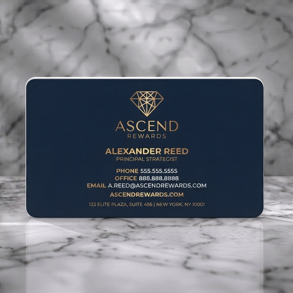 Solid white PVC business card featuring an elegant navy and gold design with a diamond logo and clean sans-serif typography