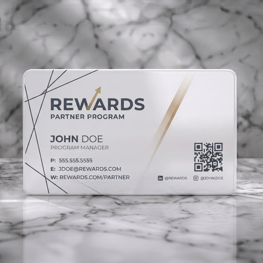 Solid white PVC business card featuring modern, minimalist design with dark gray and gold accents, geometric lines, sans-serif typography, QR code, social icons
