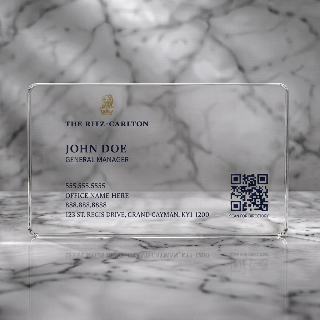 Clear plastic business card featuring clean, elegant design with gold lion logo, navy typography, and QR code