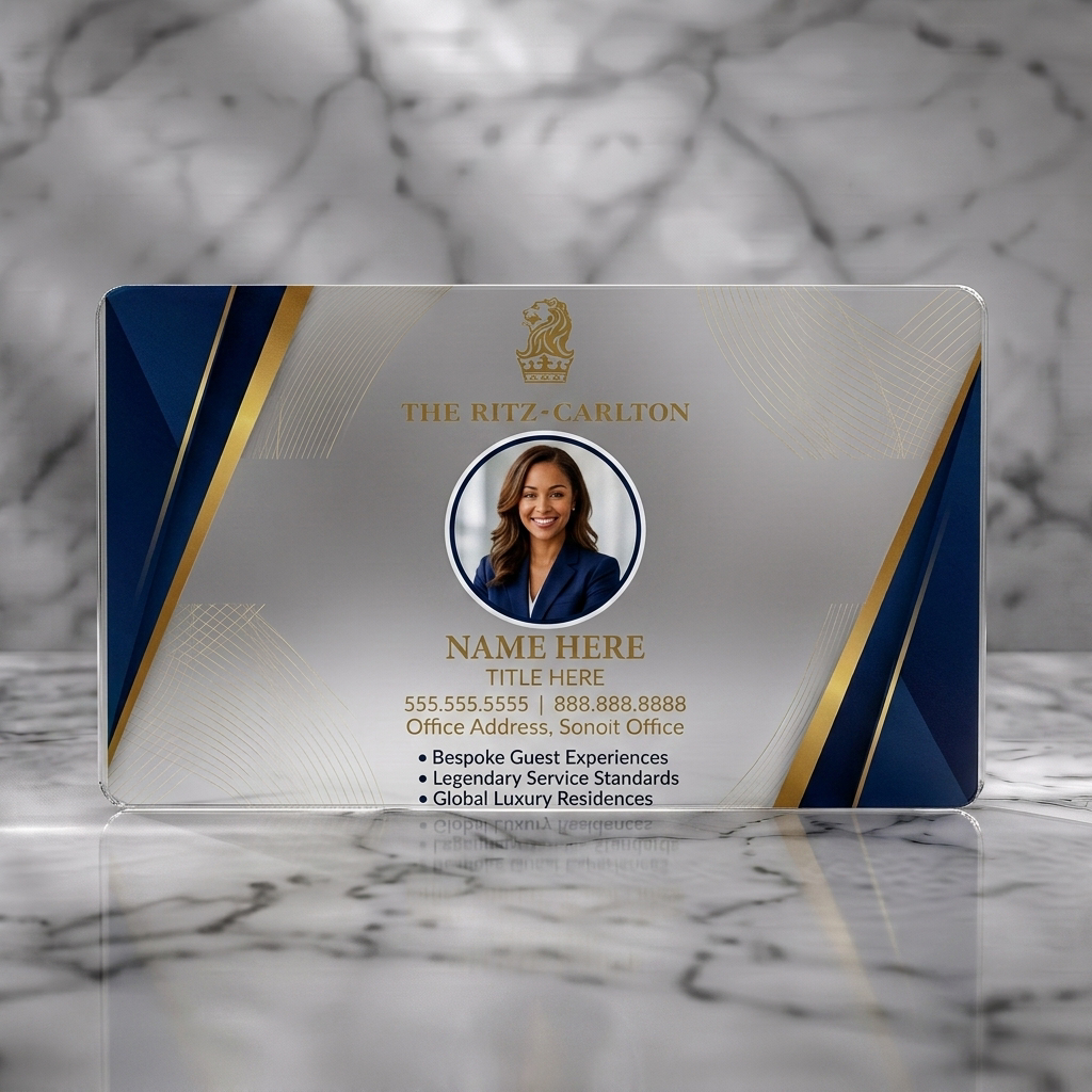 Frosted translucent plastic business card featuring luxurious navy and gold design with Ritz-Carlton logo, elegant typography, and professional portrait