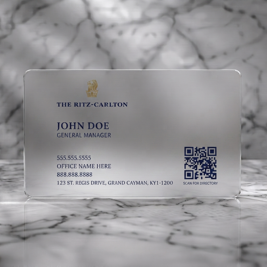 Frosted translucent plastic business card featuring clean, elegant design with gold lion logo, navy typography, and QR code