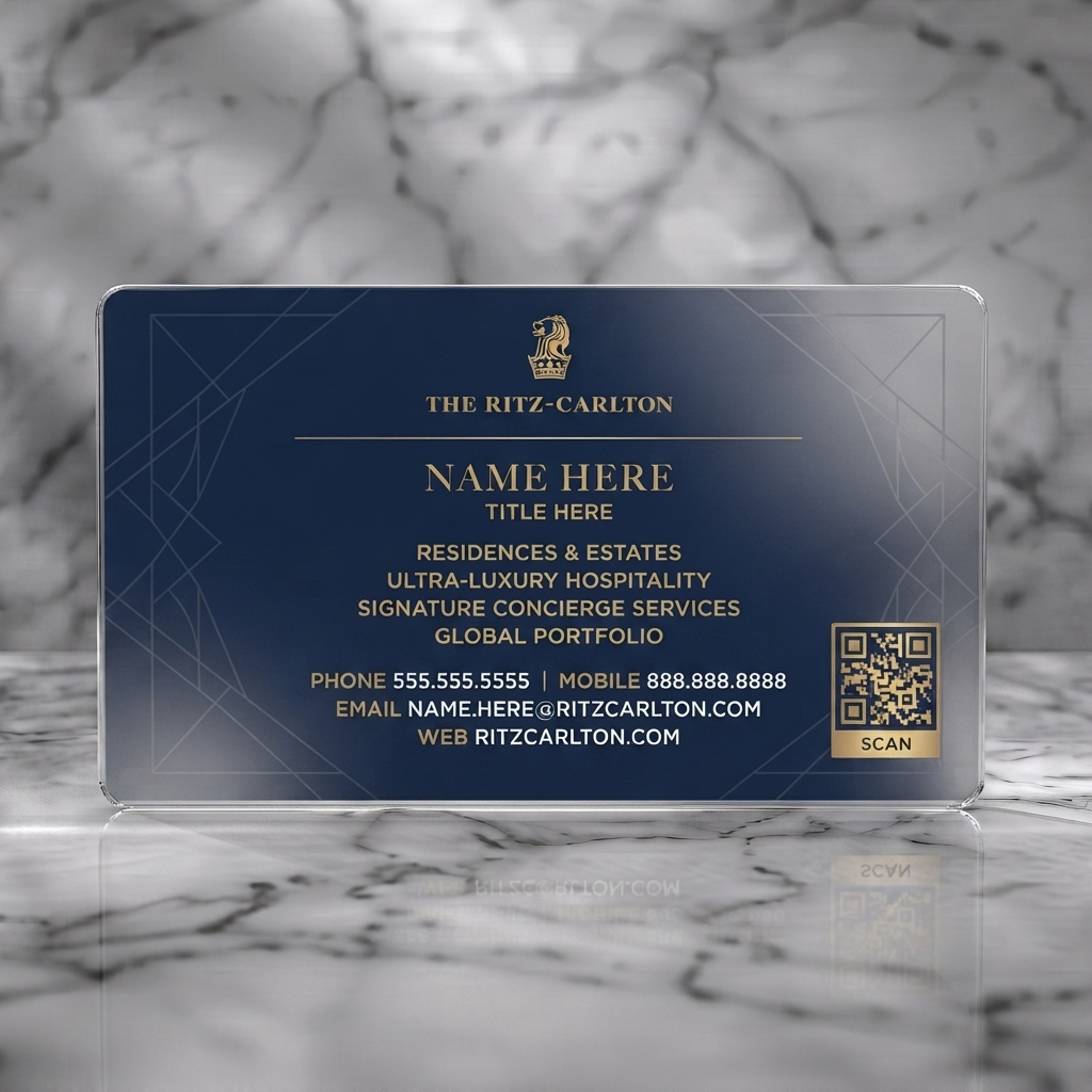 Frosted translucent plastic business card featuring an elegant navy and gold design, classic serif typography, brand logo, subtle pattern, and QR code