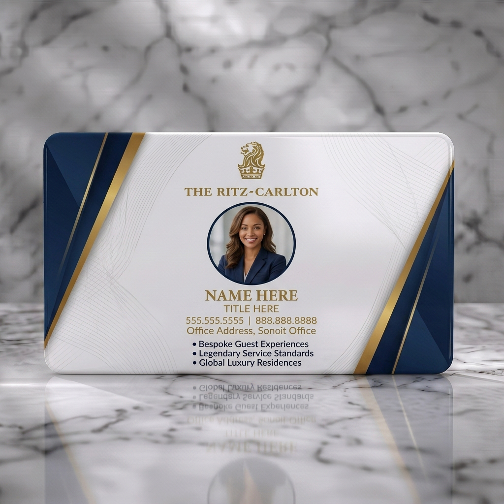 Solid white PVC business card featuring luxurious navy and gold design with Ritz-Carlton logo, elegant typography, and professional portrait