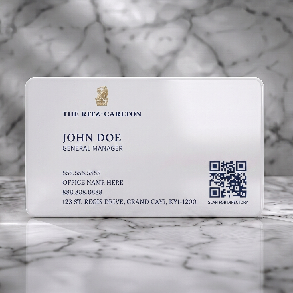 Solid white PVC business card featuring clean, elegant design with gold lion logo, navy typography, and QR code