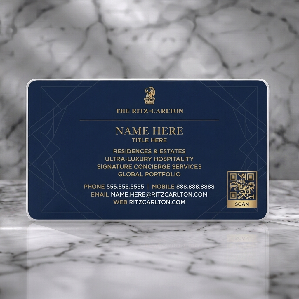 Solid white PVC business card featuring an elegant navy and gold design, classic serif typography, brand logo, subtle pattern, and QR code