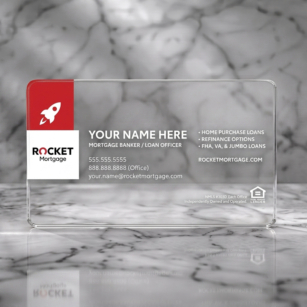 Clear plastic business card featuring a clean, modern layout with white and red branding, sans-serif typography, rocket and Equal Housing Lender icons