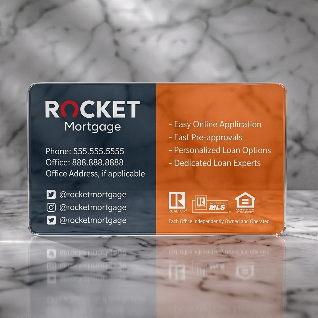Clear plastic business card featuring modern navy and orange split design with clear sans-serif text, Rocket Mortgage logo, and essential icons