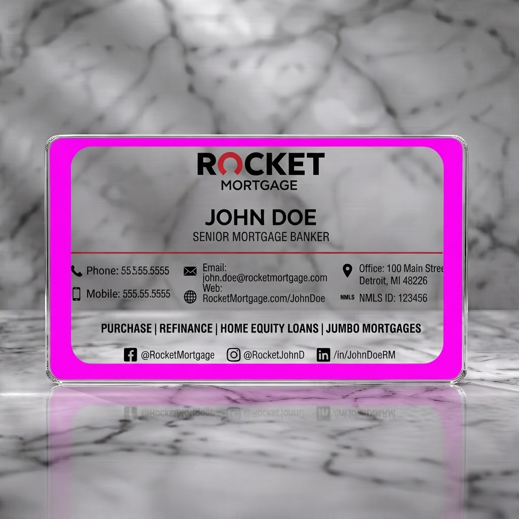 Clear plastic business card featuring clean, modern design with red and black branding, sans-serif typography, and clear contact icons