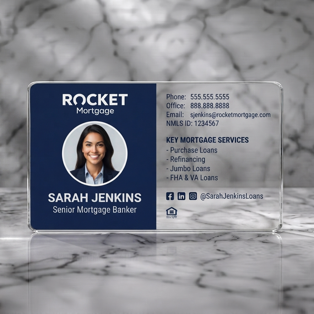 Clear plastic business card featuring modern professional Rocket Mortgage design in navy blue and white with clear typography and social icons
