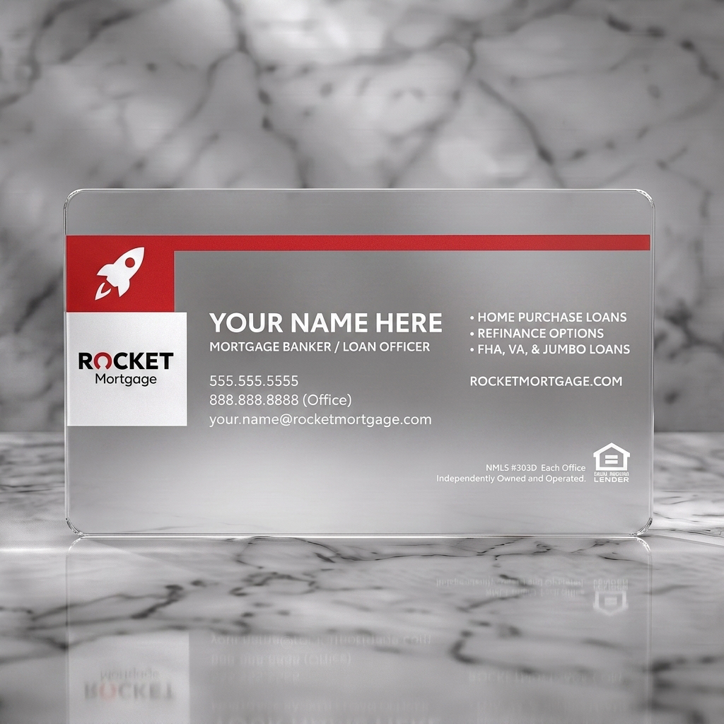 Frosted translucent plastic business card featuring a clean, modern layout with white and red branding, sans-serif typography, rocket and Equal Housing Lender icons