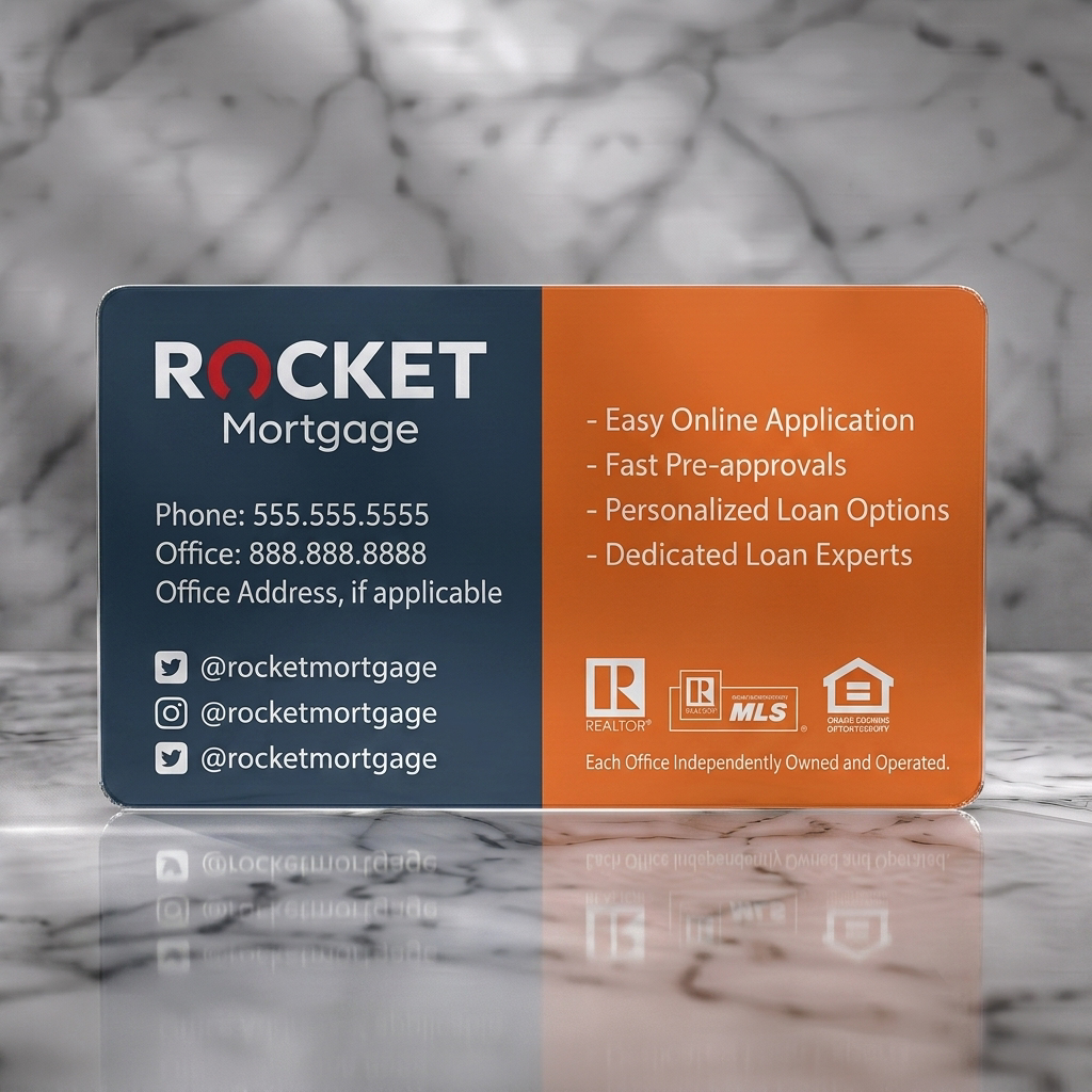 Frosted translucent plastic business card featuring modern navy and orange split design with clear sans-serif text, Rocket Mortgage logo, and essential icons