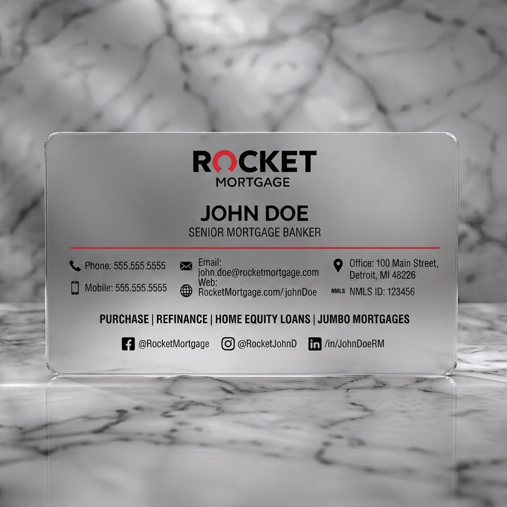 Frosted translucent plastic business card featuring clean, modern design with red and black branding, sans-serif typography, and clear contact icons