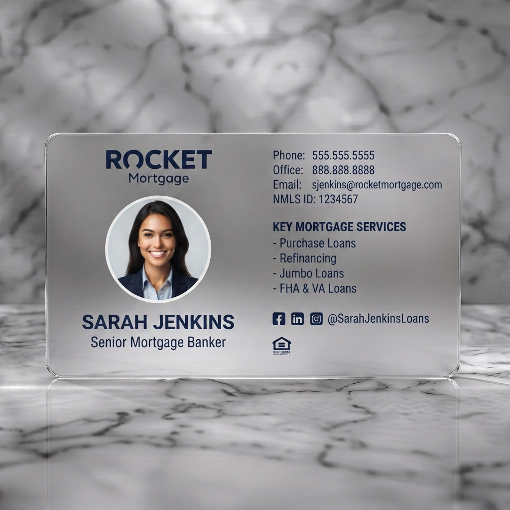 Frosted translucent plastic business card featuring modern professional Rocket Mortgage design in navy blue and white with clear typography and social icons