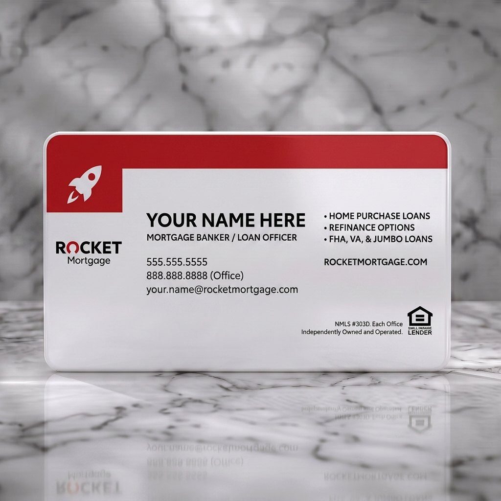 Solid white PVC business card featuring a clean, modern layout with white and red branding, sans-serif typography, rocket and Equal Housing Lender icons