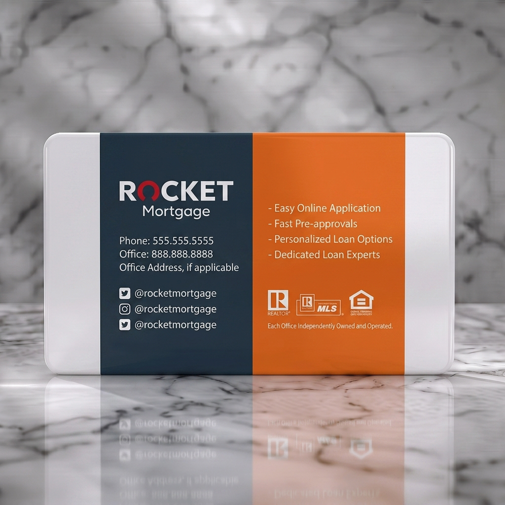 Solid white PVC business card featuring modern navy and orange split design with clear sans-serif text, Rocket Mortgage logo, and essential icons