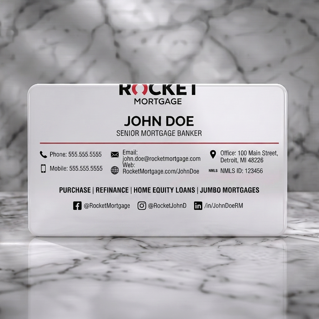 Solid white PVC business card featuring clean, modern design with red and black branding, sans-serif typography, and clear contact icons