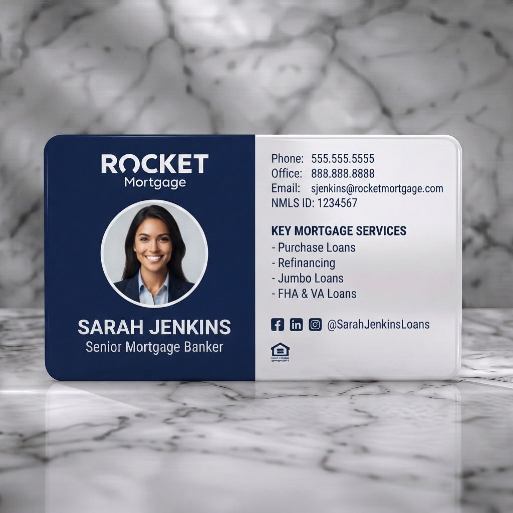 Solid white PVC business card featuring modern professional Rocket Mortgage design in navy blue and white with clear typography and social icons