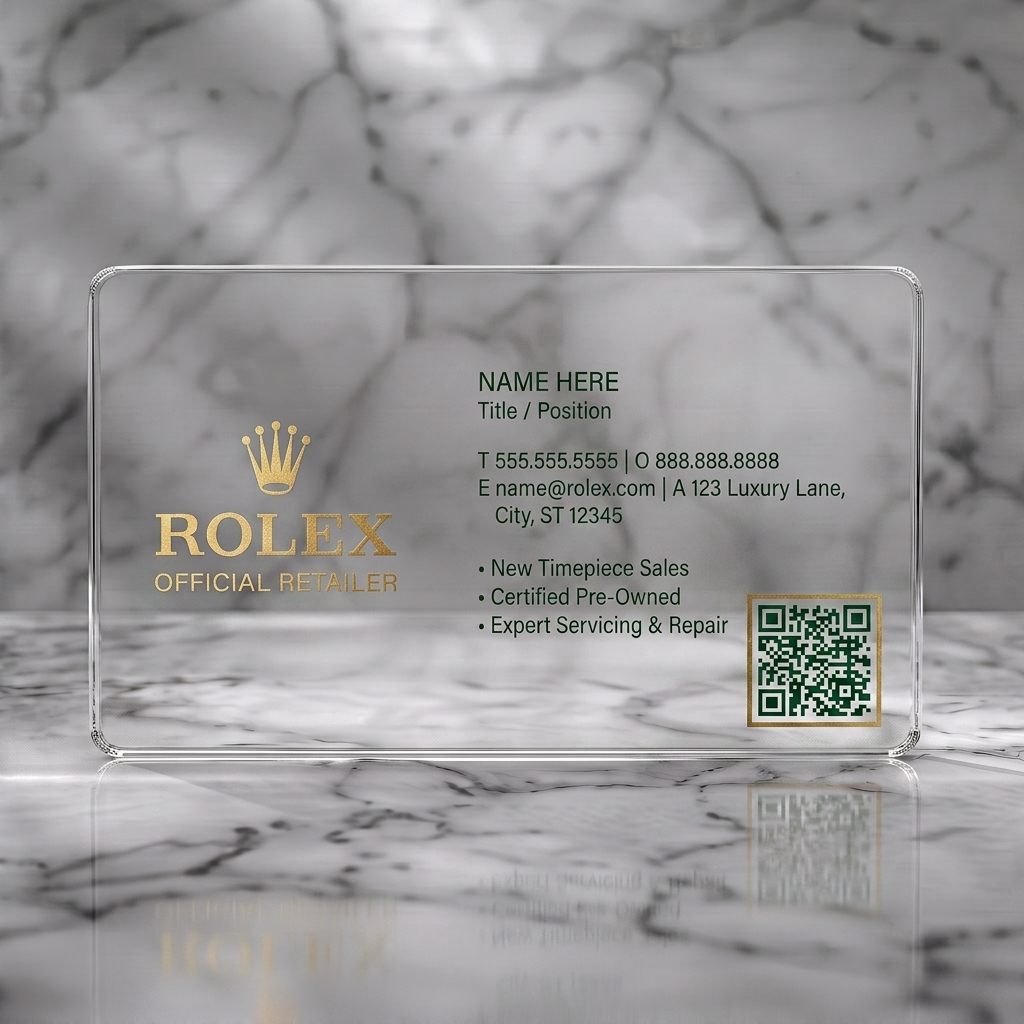 Clear plastic business card featuring classic Rolex logo, elegant gold typography, clean layout, and QR code for luxury sales