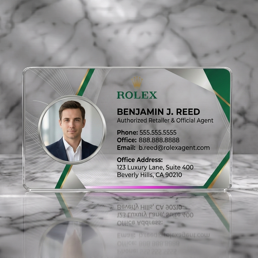 Clear plastic business card featuring rolex's gold crown logo, rich green accents, sleek typography, and a professional agent photo