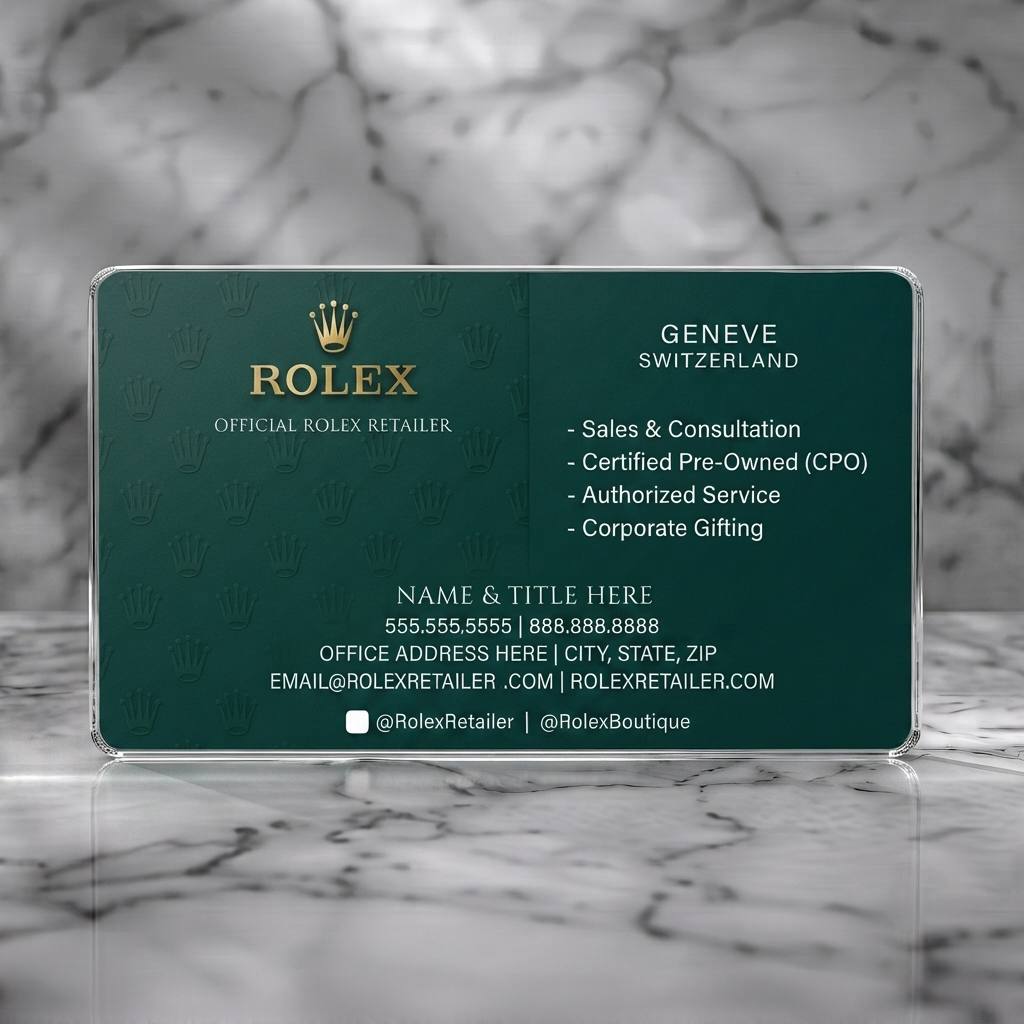 Clear plastic business card featuring sophisticated Rolex green and gold design, subtle Rolex crown motif, elegant typography