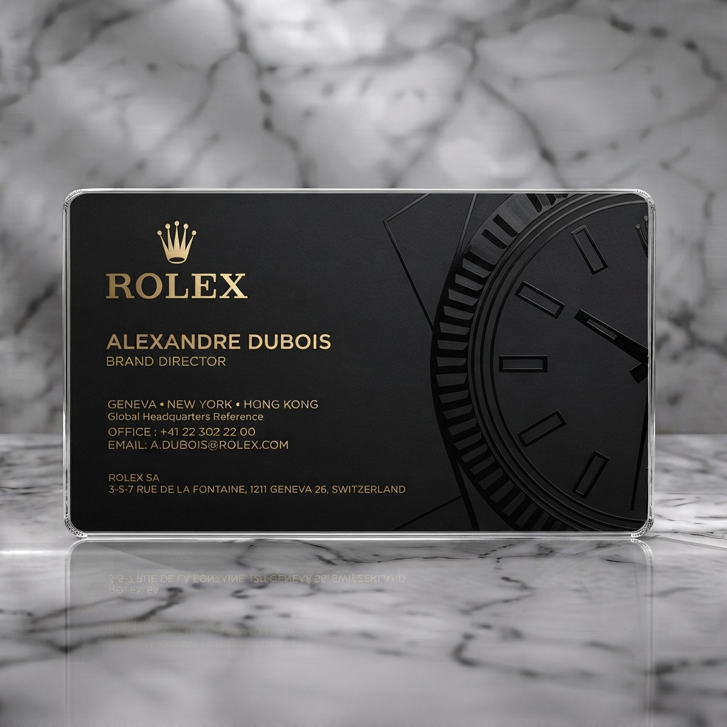 Clear plastic business card featuring an elegant black and gold design, embossed watch detail, and sophisticated typography