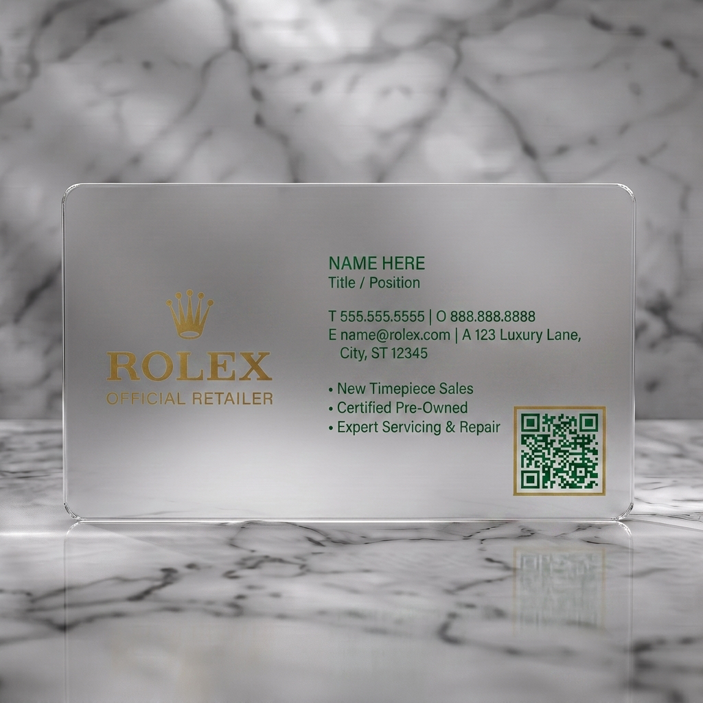 Frosted translucent plastic business card featuring classic Rolex logo, elegant gold typography, clean layout, and QR code for luxury sales