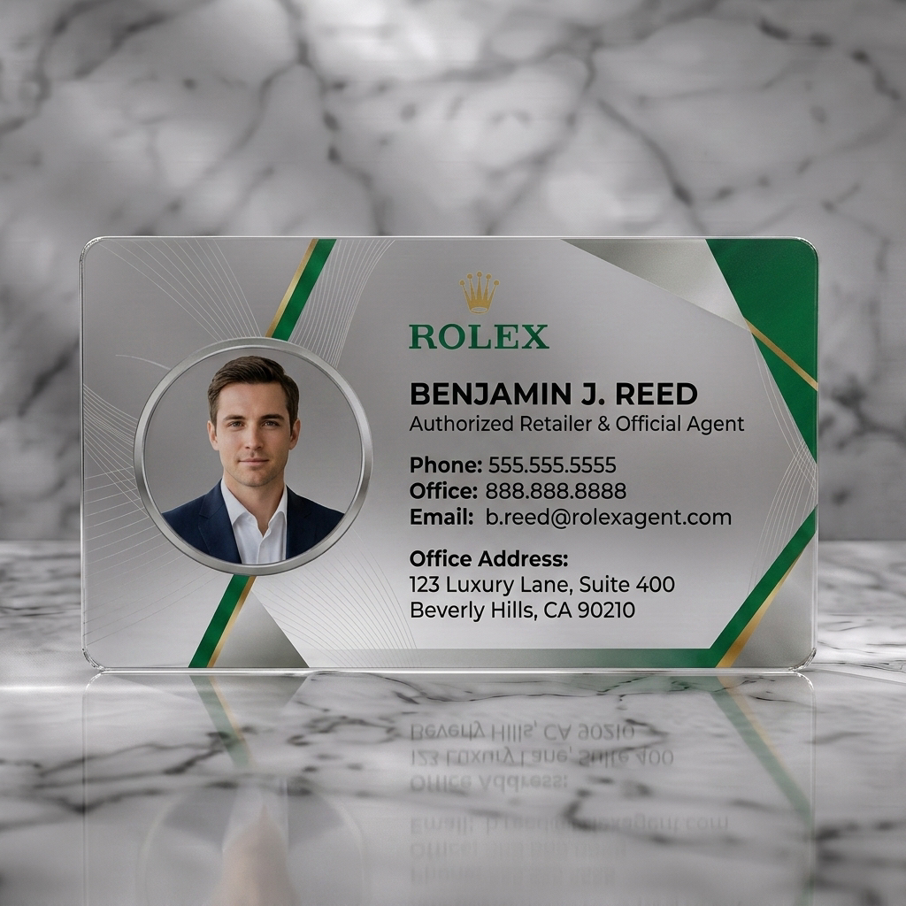Frosted translucent plastic business card featuring rolex's gold crown logo, rich green accents, sleek typography, and a professional agent photo