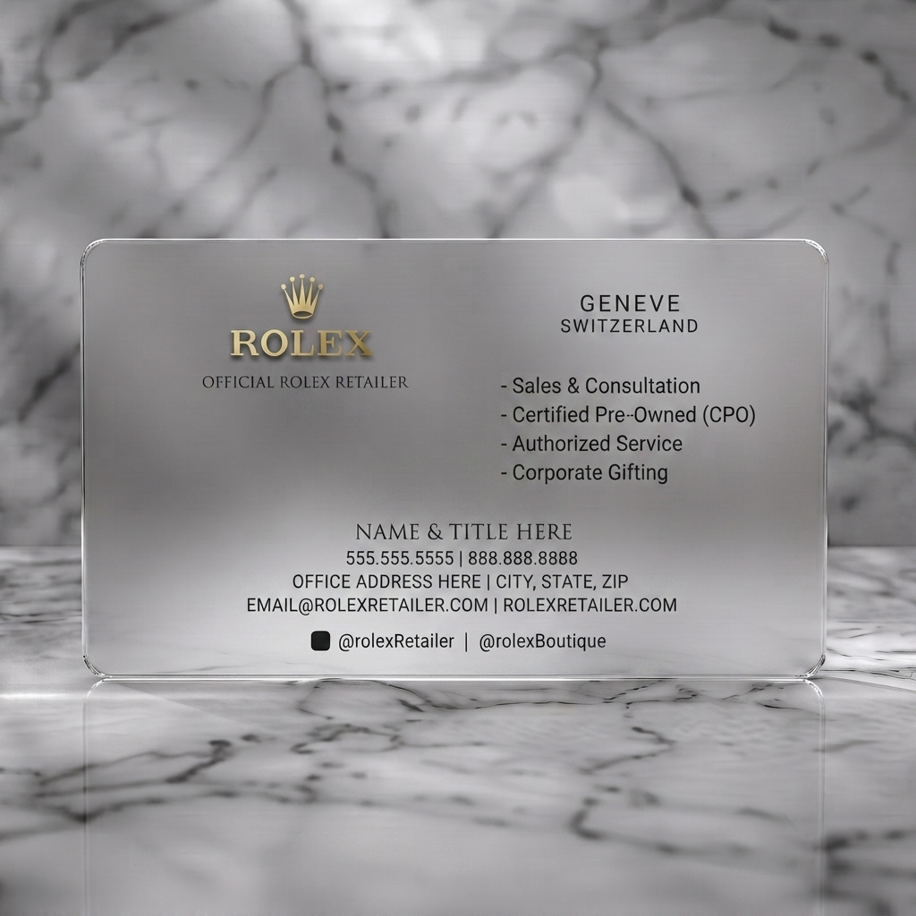 Frosted translucent plastic business card featuring sophisticated Rolex green and gold design, subtle Rolex crown motif, elegant typography