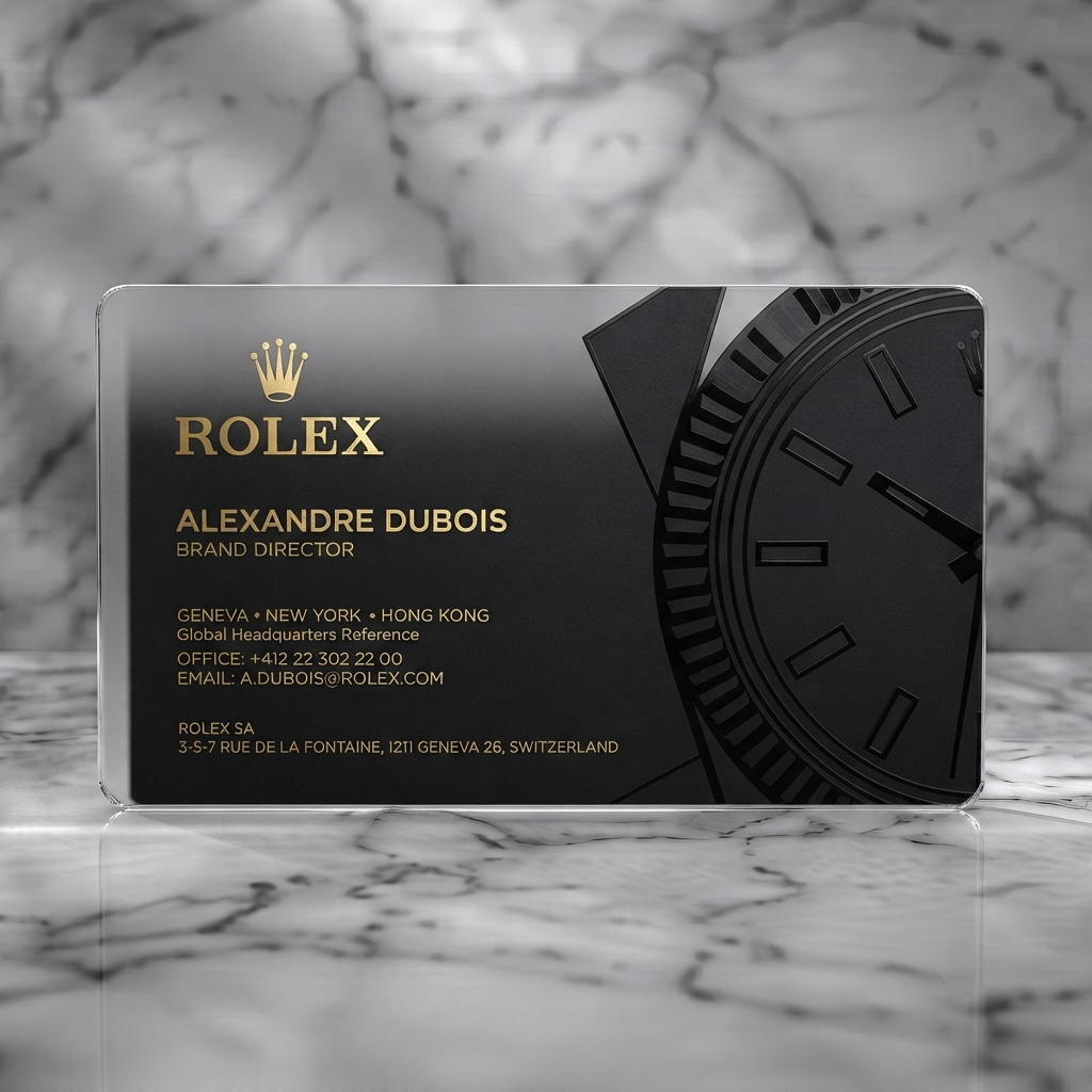 Frosted translucent plastic business card featuring an elegant black and gold design, embossed watch detail, and sophisticated typography