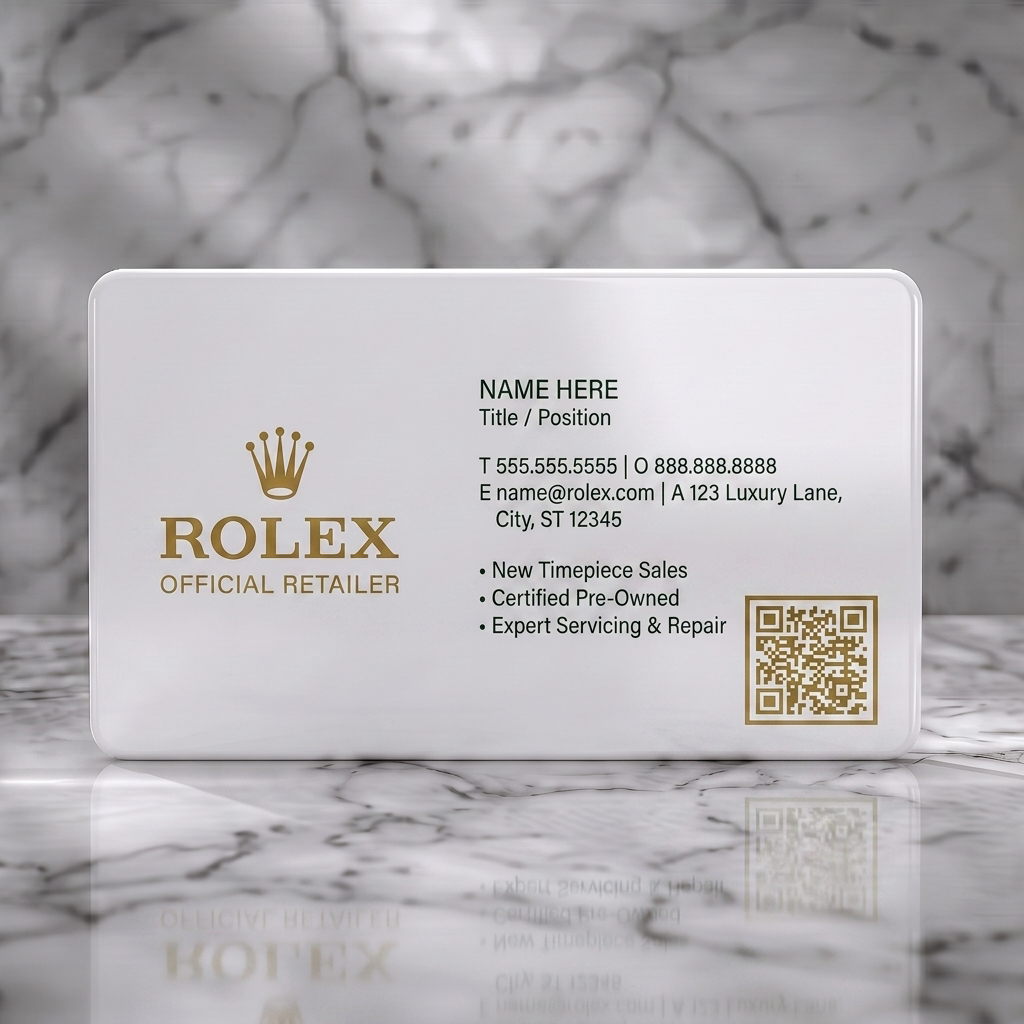 Solid white PVC business card featuring classic Rolex logo, elegant gold typography, clean layout, and QR code for luxury sales