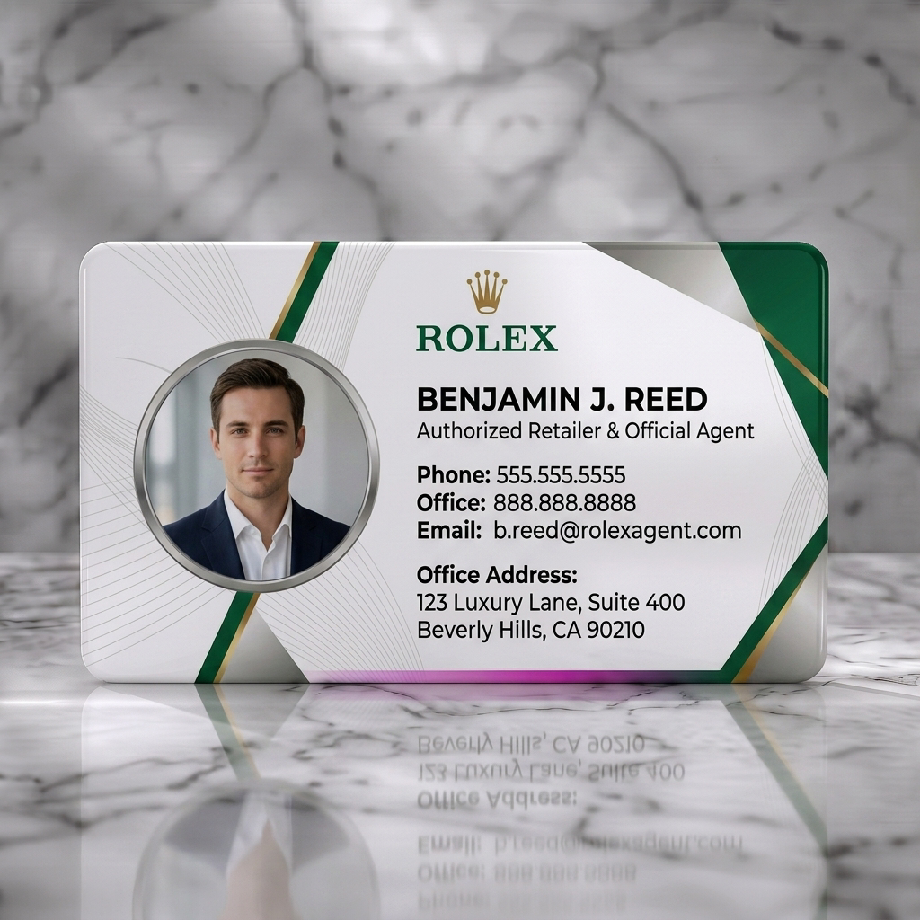 Solid white PVC business card featuring rolex's gold crown logo, rich green accents, sleek typography, and a professional agent photo