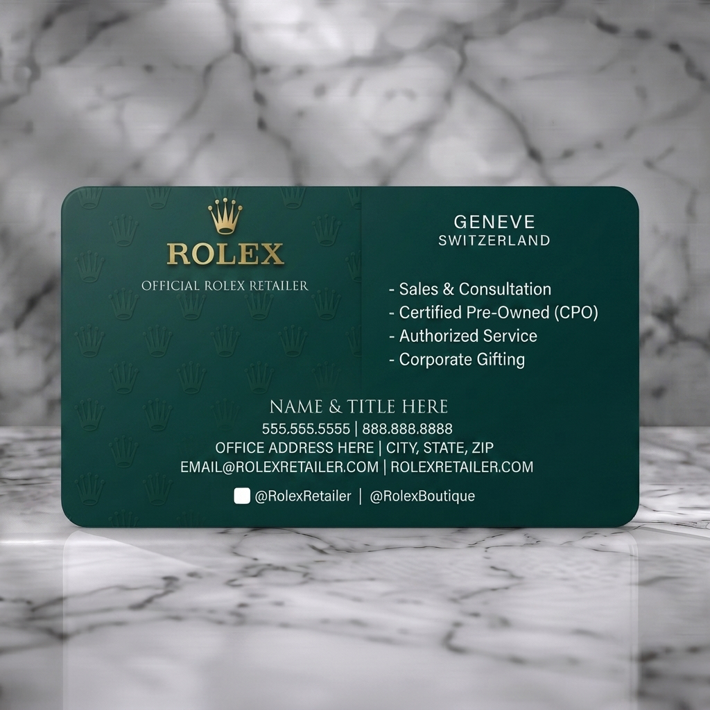 Solid white PVC business card featuring sophisticated Rolex green and gold design, subtle Rolex crown motif, elegant typography