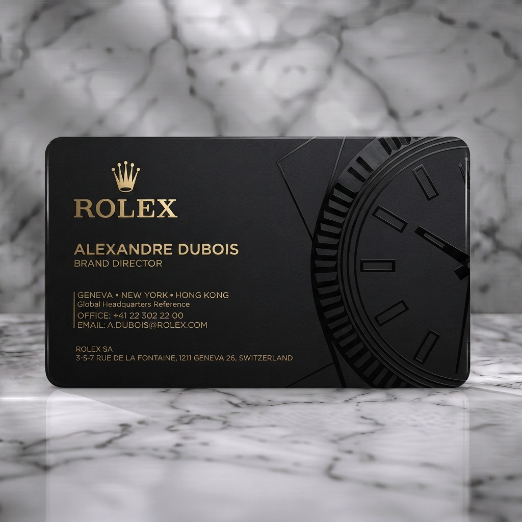 Solid white PVC business card featuring an elegant black and gold design, embossed watch detail, and sophisticated typography