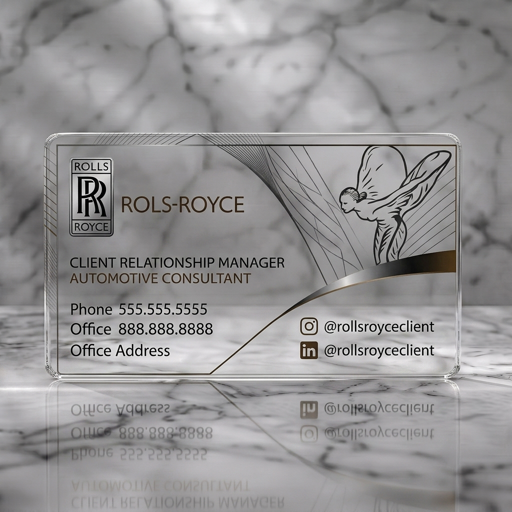 Clear plastic business card featuring a luxurious black and metallic card with the Spirit of Ecstasy, classic typography, and social icons