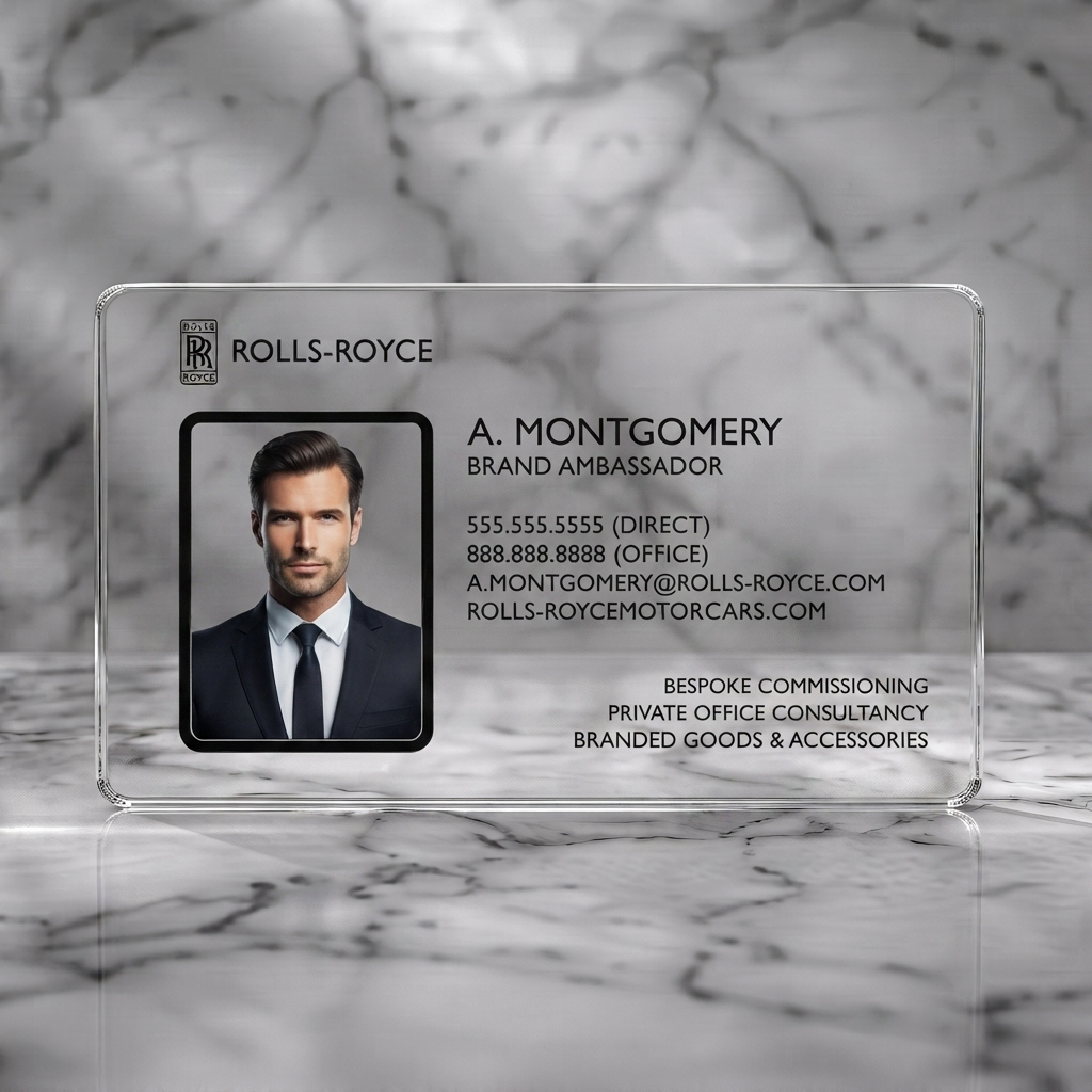 Clear plastic business card featuring a sleek black design with silver accents, professional photo, clean sans-serif typography, and RR logo