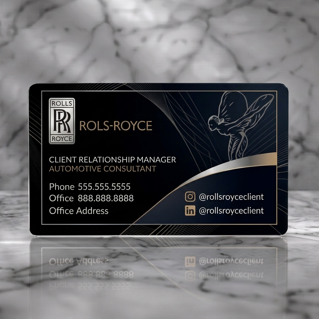 Frosted translucent plastic business card featuring a luxurious black and metallic card with the Spirit of Ecstasy, classic typography, and social icons