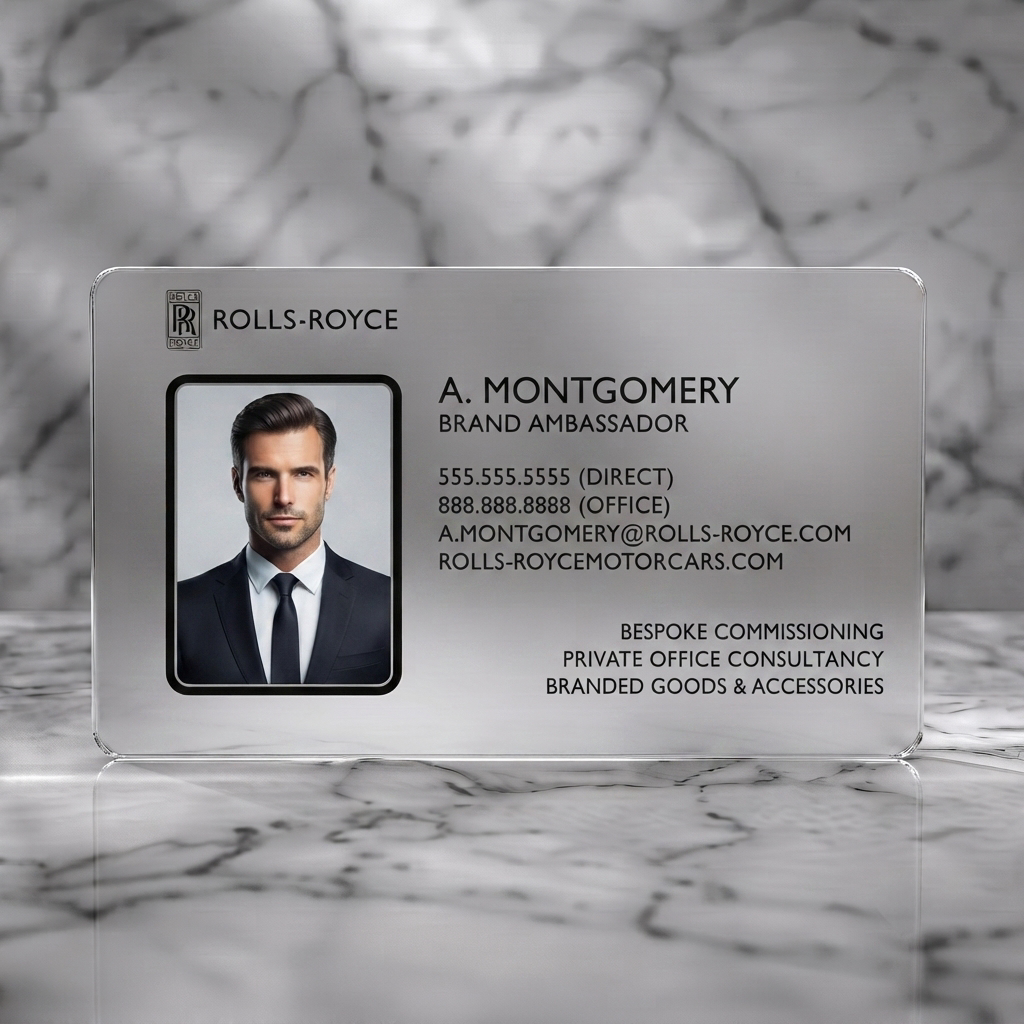 Frosted translucent plastic business card featuring a sleek black design with silver accents, professional photo, clean sans-serif typography, and RR logo