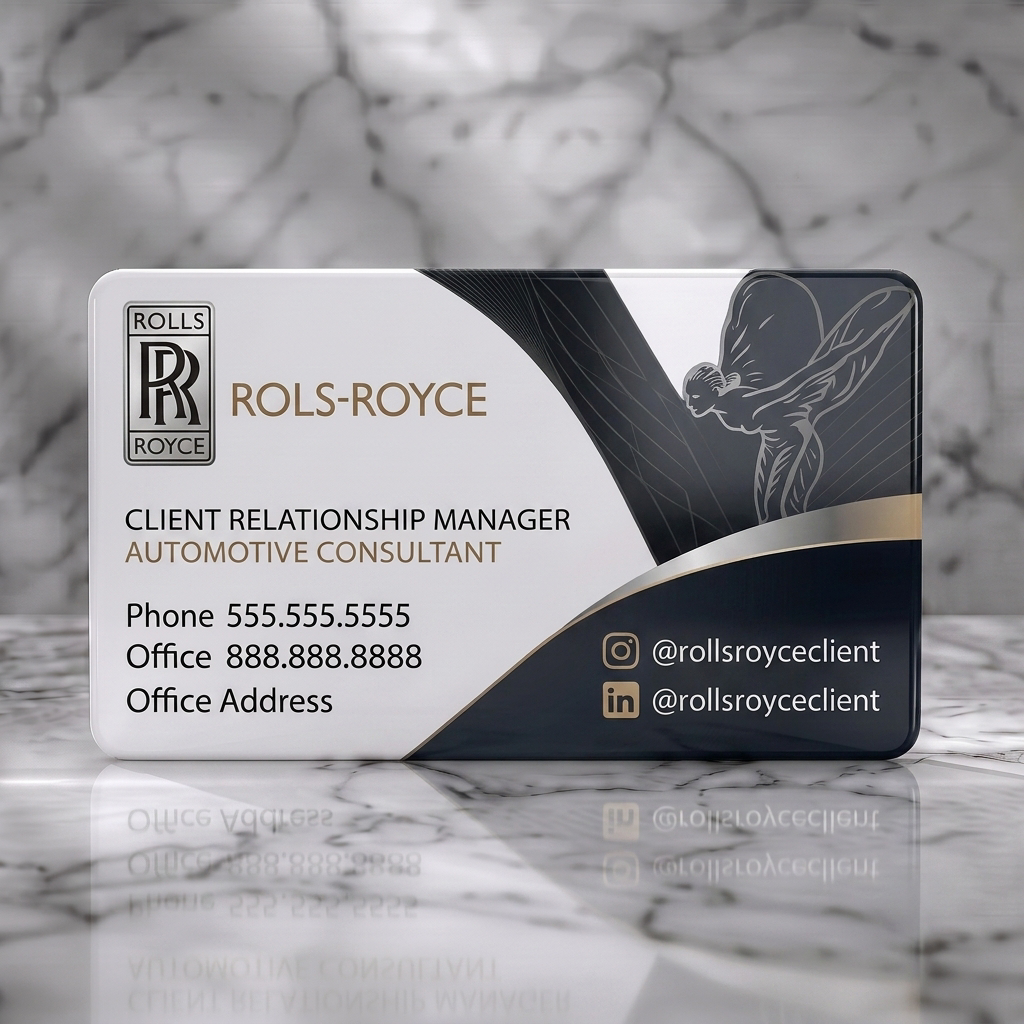 Solid white PVC business card featuring a luxurious black and metallic card with the Spirit of Ecstasy, classic typography, and social icons