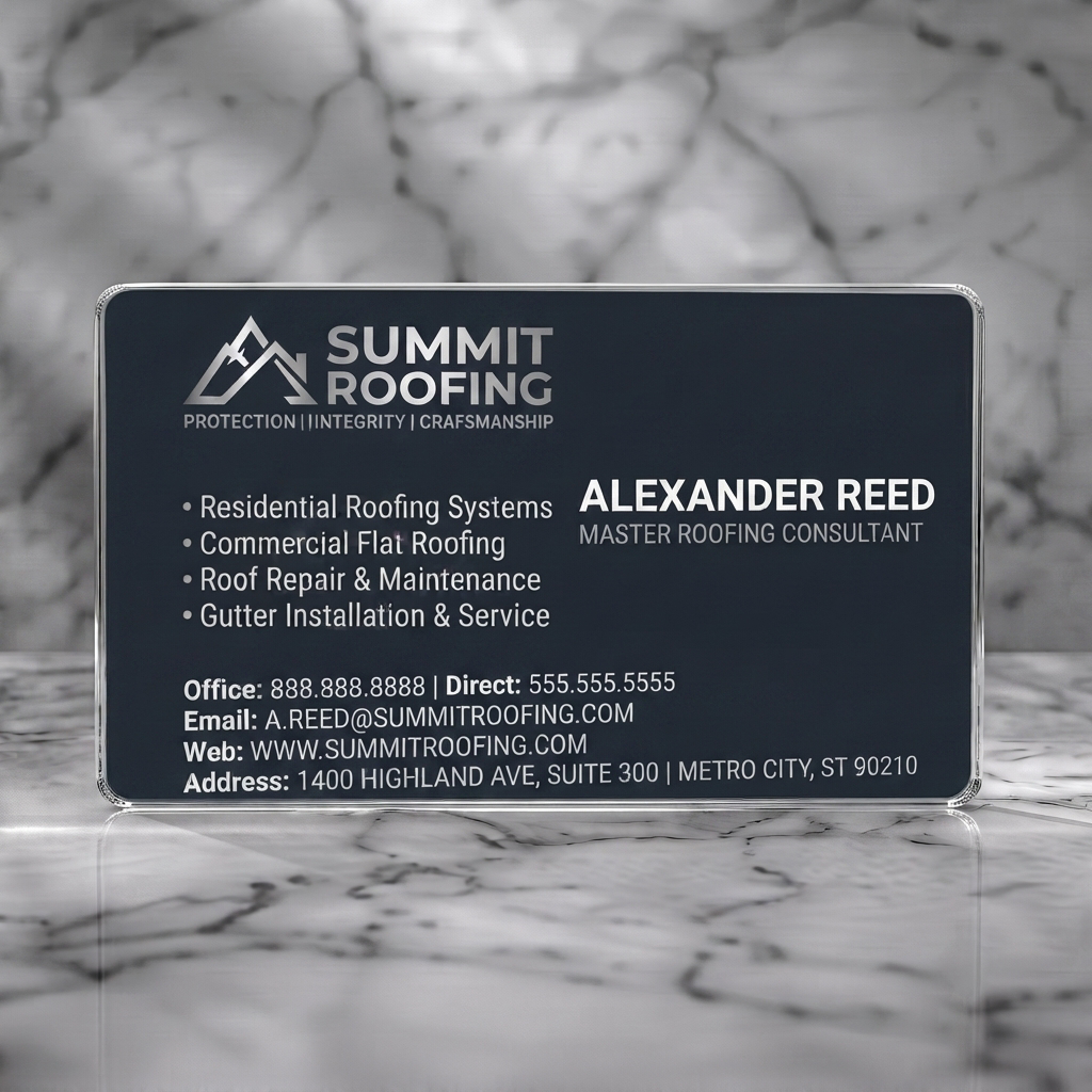 Clear plastic business card featuring modern dark card with a mountain roof logo, clean white sans-serif typography, professional layout for roofing