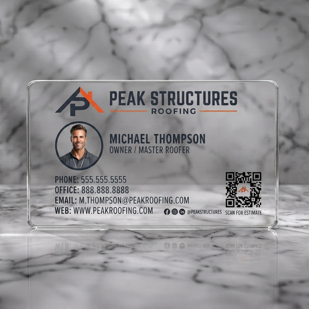 Clear plastic business card featuring modern style with black and orange branding, sans-serif fonts, 'PS' roof logo, and QR code