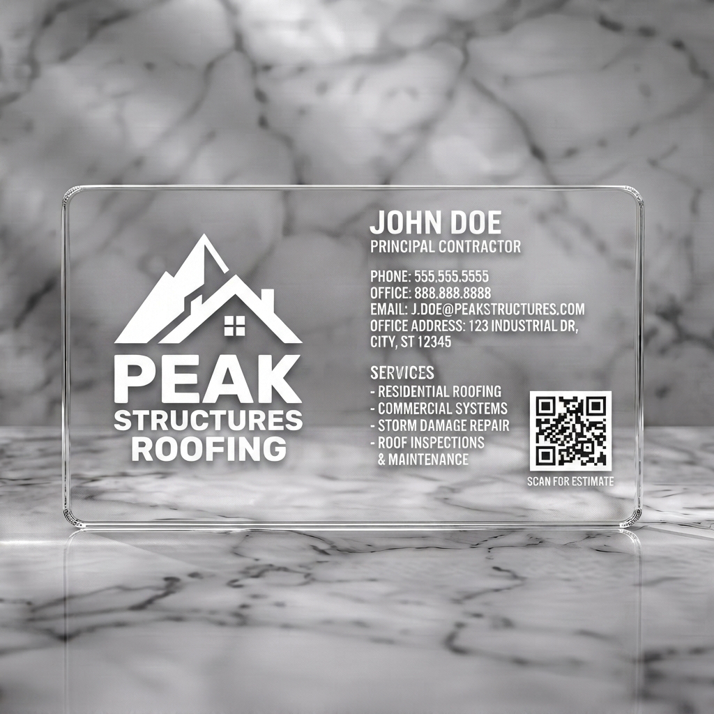 Clear plastic business card featuring sleek black and gray design with a mountain-house logo, modern sans-serif typography, and a QR code