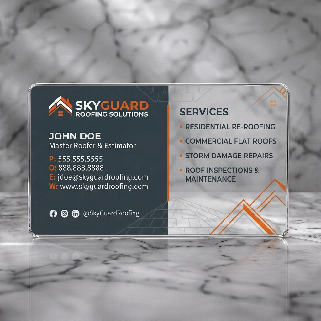 Clear plastic business card featuring modern grey & white design with orange accents, roof graphics, clean typography, and social icons